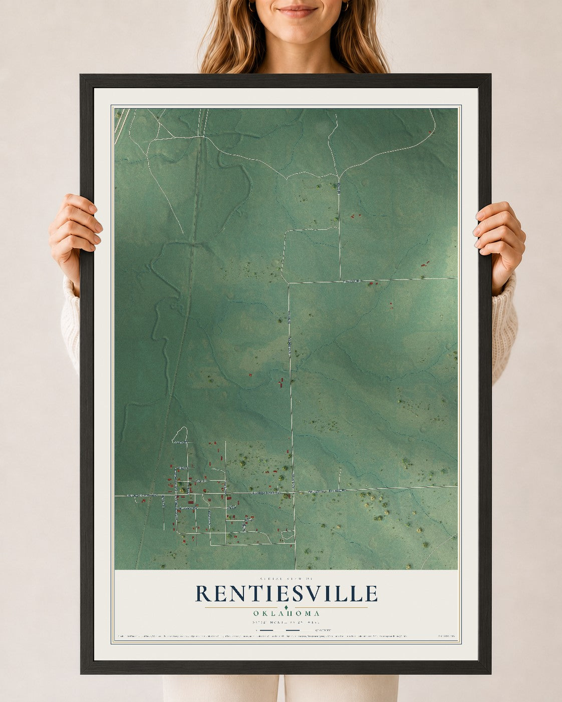 Map of Rentiesville, Oklahoma, 24 x 36 inch print in a black wood frame