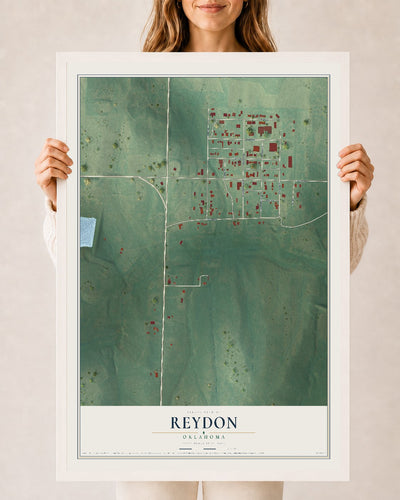 Map of Reydon, Oklahoma, 24 x 36 inch print in a white wood frame