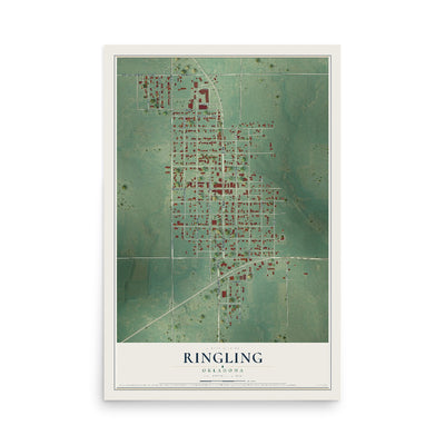 Map of Ringling, Oklahoma, 12 x 18 inch unframed archival matte print