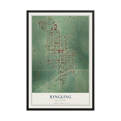 Map of Ringling, Oklahoma, 12 x 18 inch print in a black wood frame