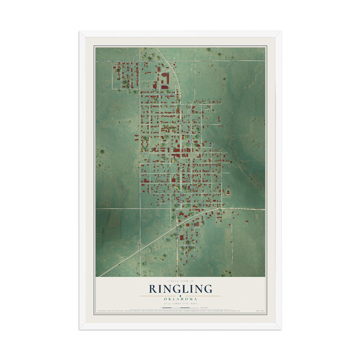 Map of Ringling, Oklahoma, 12 x 18 inch print in a white wood frame