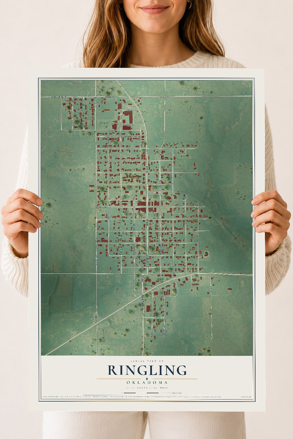 Map of Ringling, Oklahoma, 18 x 24 inch unframed archival matte print