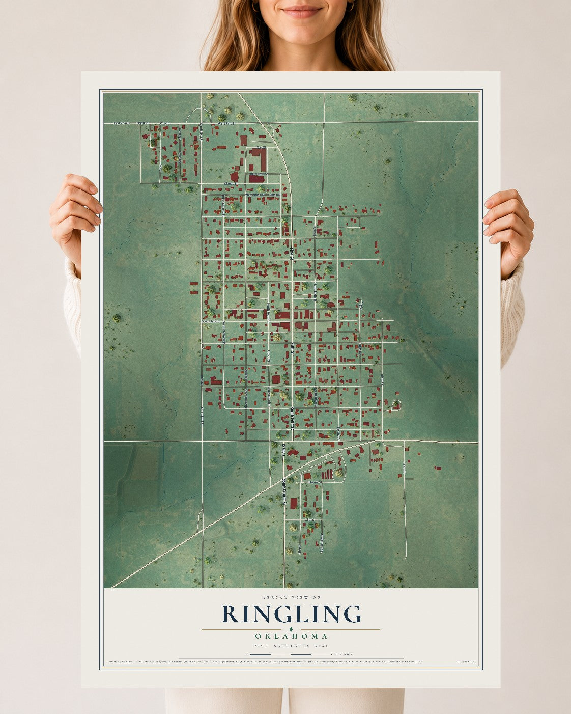 Map of Ringling, Oklahoma, 24 x 36 inch unframed archival matte print