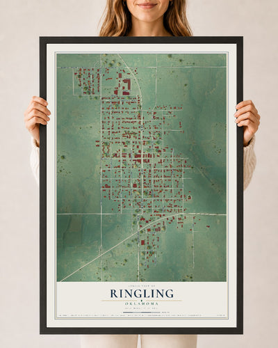 Map of Ringling, Oklahoma, 24 x 36 inch print in a black wood frame