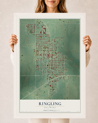 Map of Ringling, Oklahoma, 24 x 36 inch print in a white wood frame