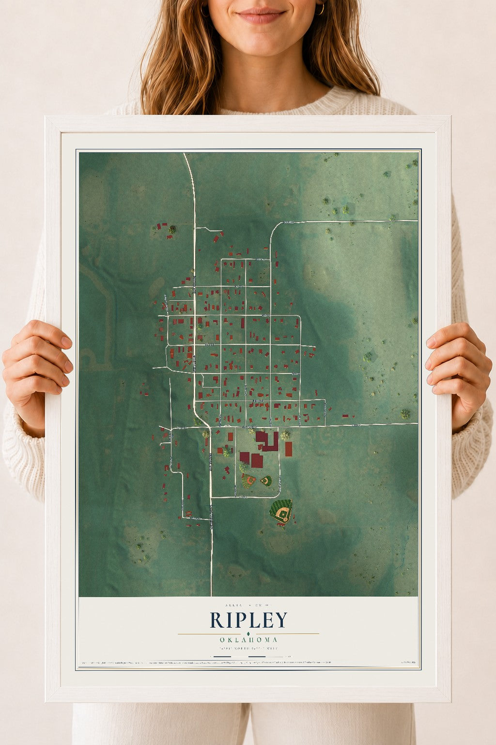 Map of Ripley, Oklahoma, 18 x 24 inch print in a white wood frame