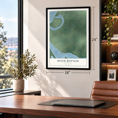 River Bottom, Oklahoma map, 18 x 24 inch print in a black frame in a home office