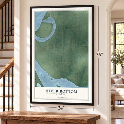 River Bottom, Oklahoma map, 24 x 36 inch print in a black frame by a staircase