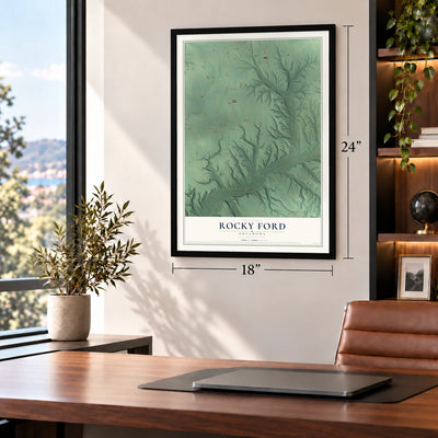 Rocky Ford, Oklahoma map, 18 x 24 inch print in a black frame in a home office