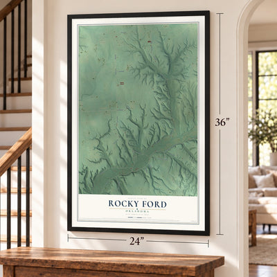 Rocky Ford, Oklahoma map, 24 x 36 inch print in a black frame by a staircase