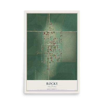 Map of Rocky, Oklahoma, 12 x 18 inch unframed archival matte print