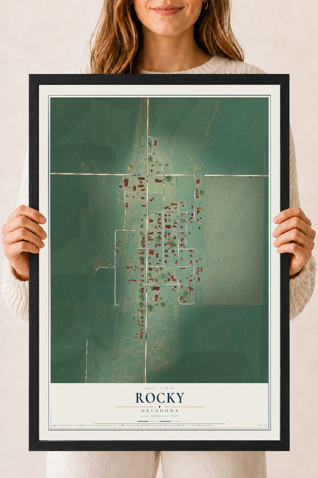 Map of Rocky, Oklahoma, 18 x 24 inch print in a black wood frame