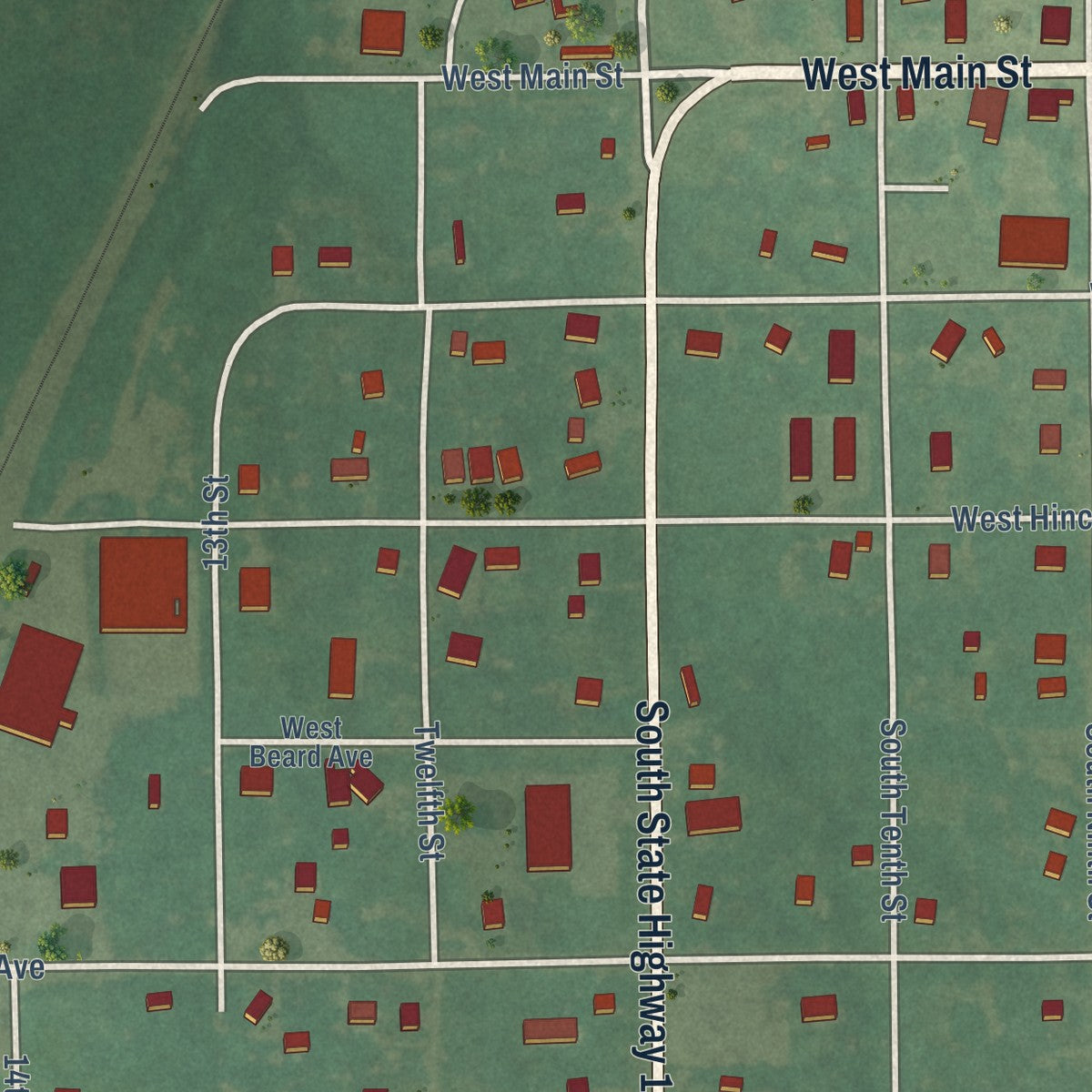 Second close-up of the map of Roff, Oklahoma print showing more streets and buildings