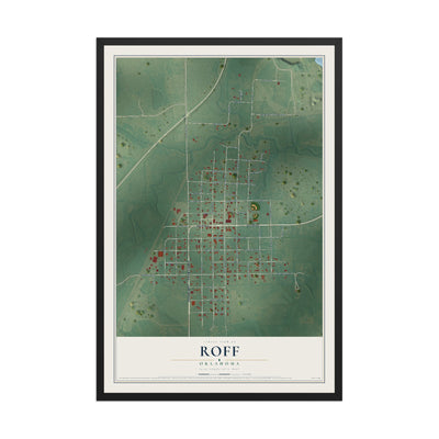 Map of Roff, Oklahoma, 12 x 18 inch print in a black wood frame
