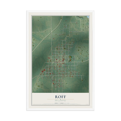 Map of Roff, Oklahoma, 12 x 18 inch print in a white wood frame