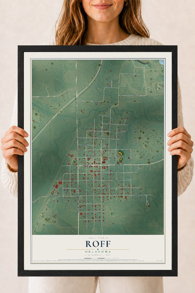 Map of Roff, Oklahoma, 18 x 24 inch print in a black wood frame