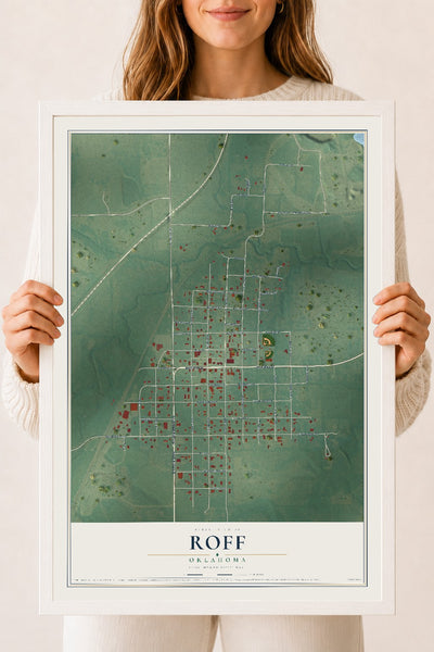 Map of Roff, Oklahoma, 18 x 24 inch print in a white wood frame