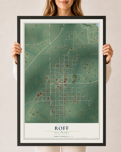 Map of Roff, Oklahoma, 24 x 36 inch print in a black wood frame