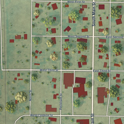 Close-up of the map of Roosevelt, Oklahoma print showing street and building detail