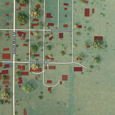 Second close-up of the map of Roosevelt, Oklahoma print showing more streets and buildings