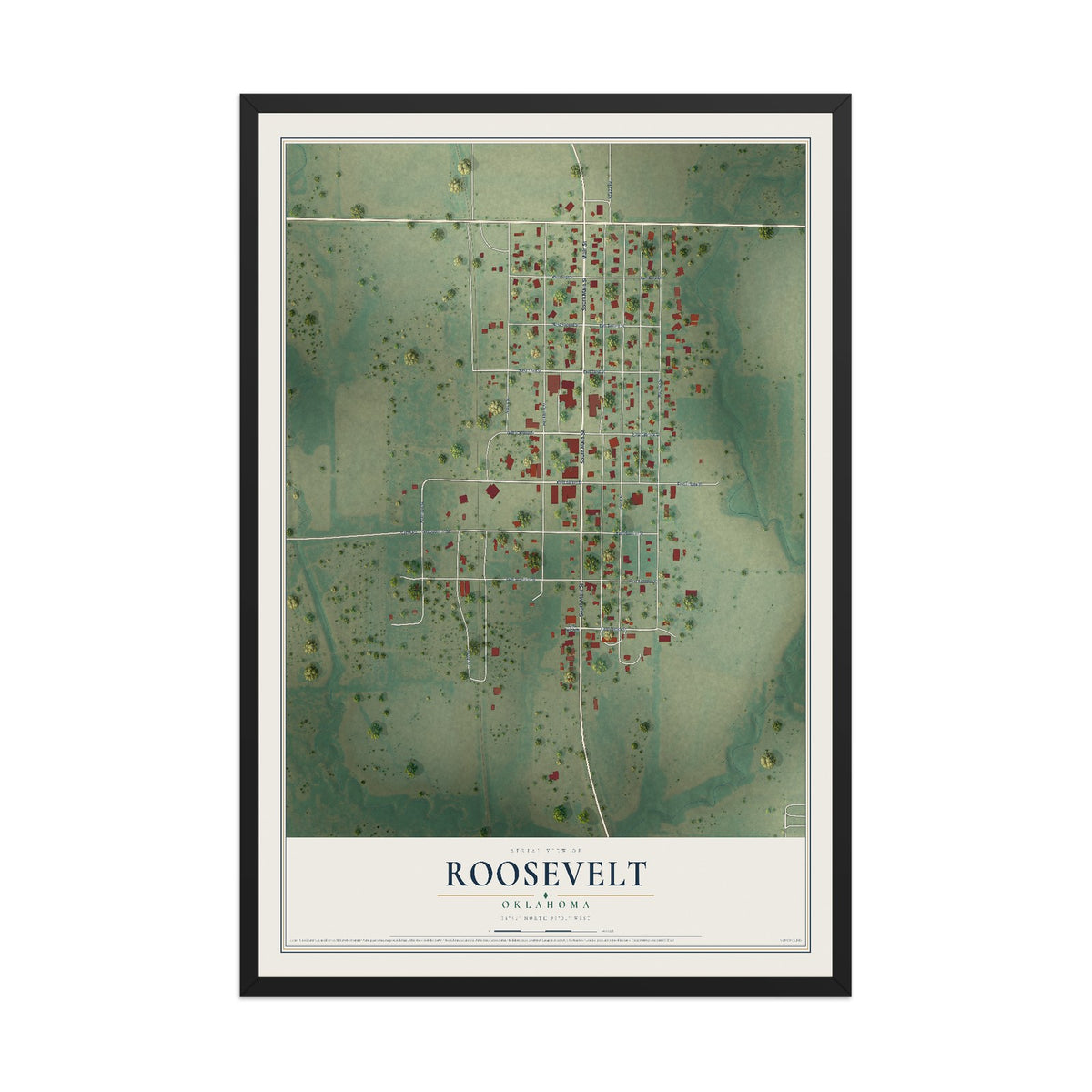 Map of Roosevelt, Oklahoma, 12 x 18 inch print in a black wood frame