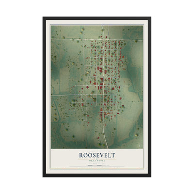 Map of Roosevelt, Oklahoma, 12 x 18 inch print in a black wood frame