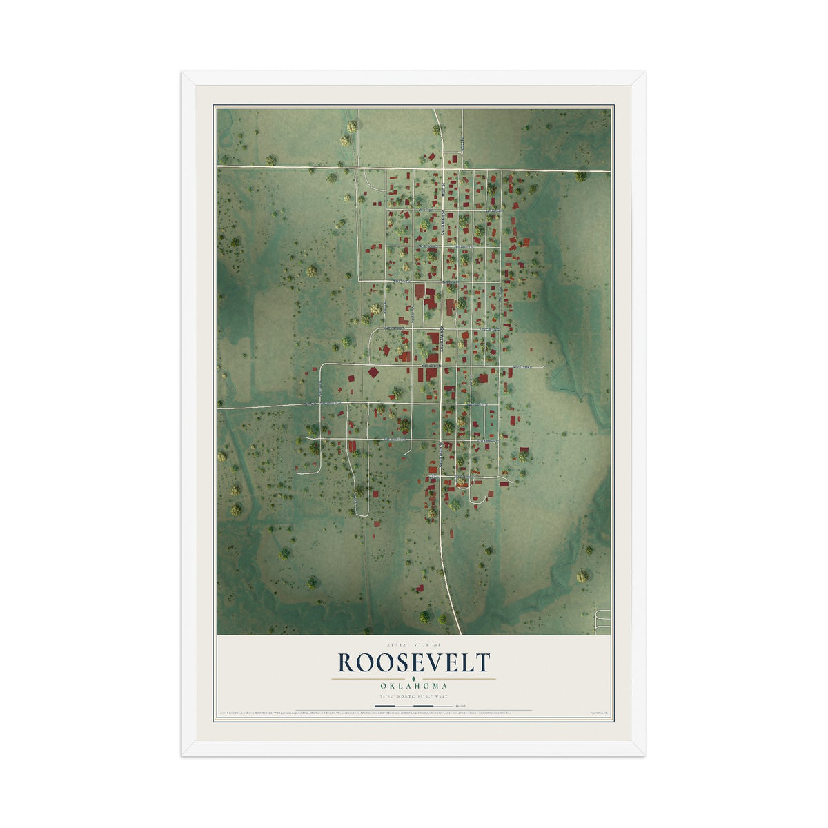 Map of Roosevelt, Oklahoma, 12 x 18 inch print in a white wood frame
