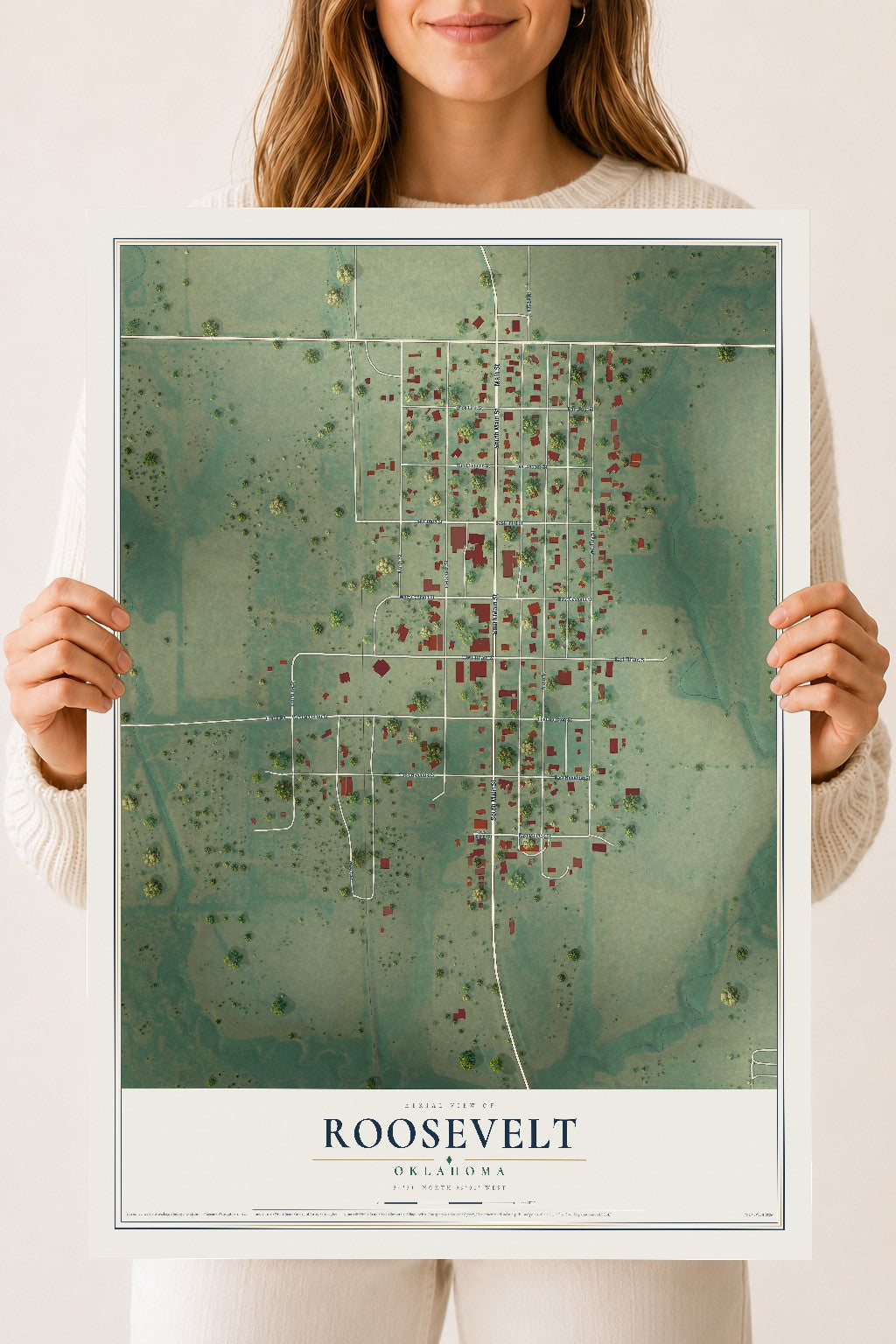 Map of Roosevelt, Oklahoma, 18 x 24 inch unframed archival matte print