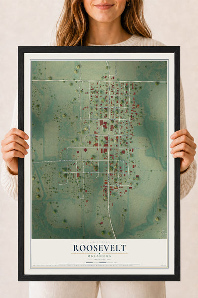 Map of Roosevelt, Oklahoma, 18 x 24 inch print in a black wood frame