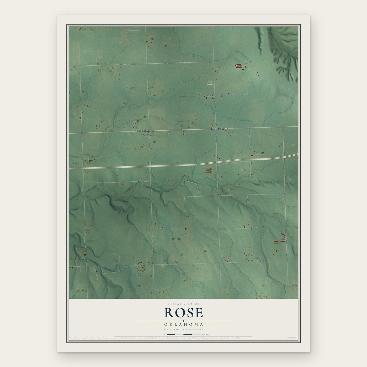 Rose, Oklahoma map print, the full design