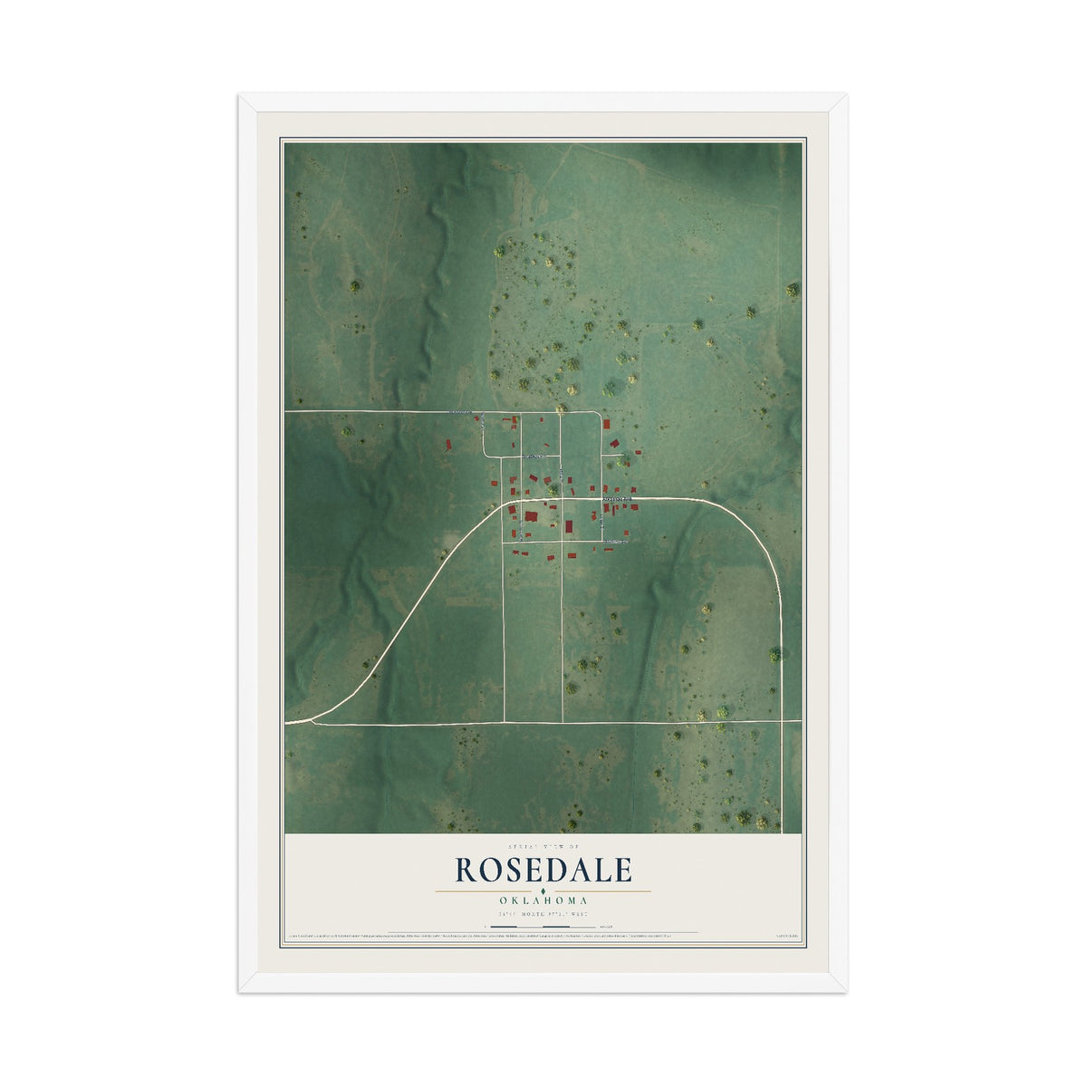 Map of Rosedale, Oklahoma, 12 x 18 inch print in a white wood frame