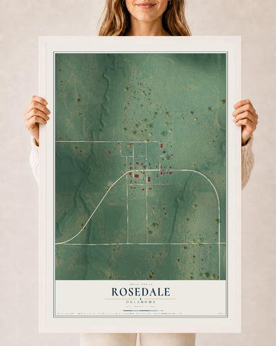 Map of Rosedale, Oklahoma, 24 x 36 inch print in a white wood frame