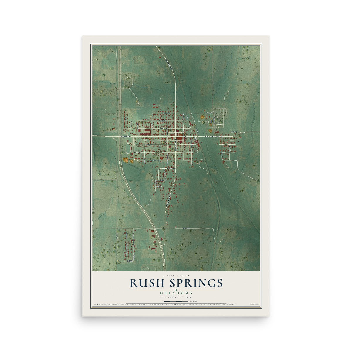 Map of Rush Springs, Oklahoma, 12 x 18 inch unframed archival matte print