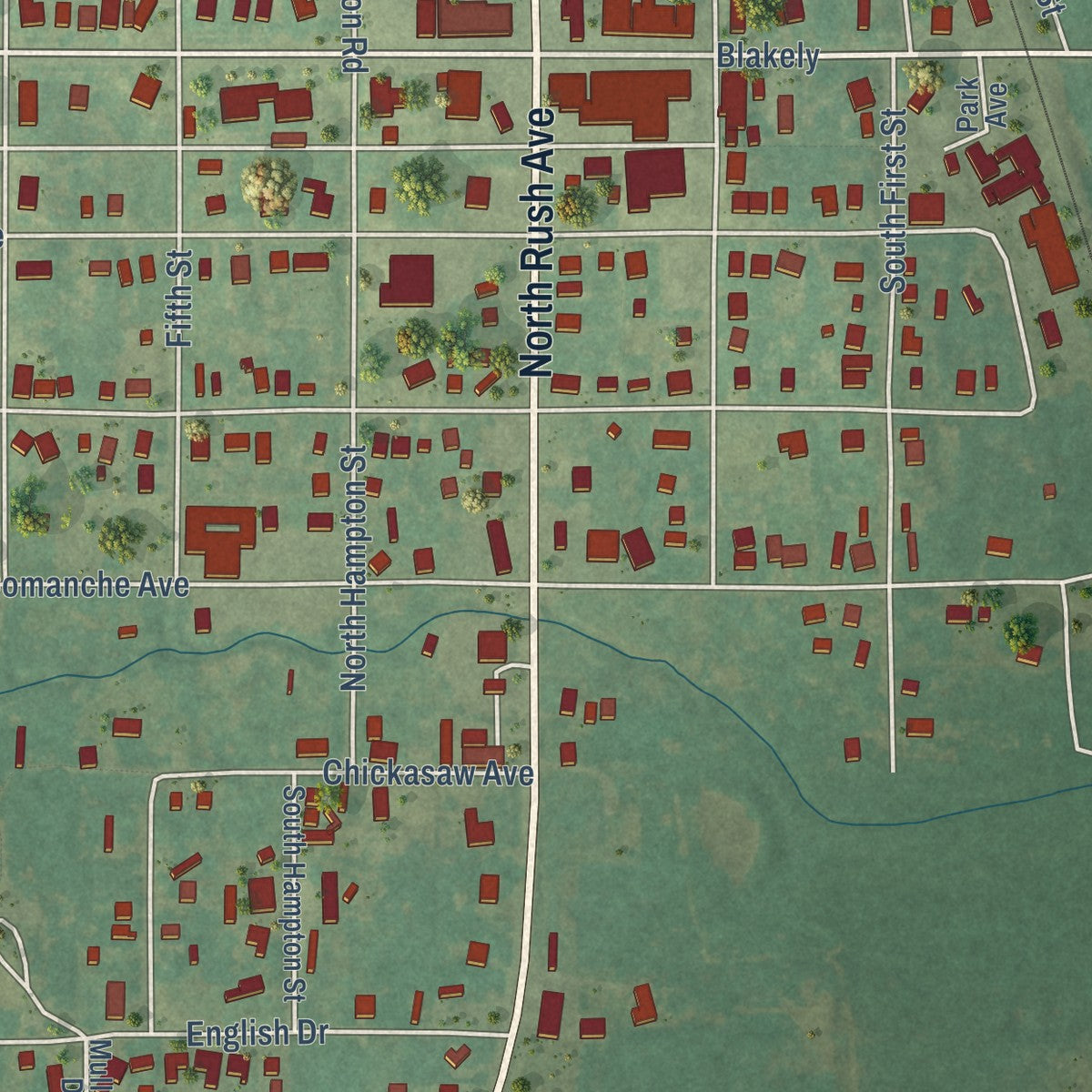 Close-up of the map of Rush Springs, Oklahoma print showing street and building detail