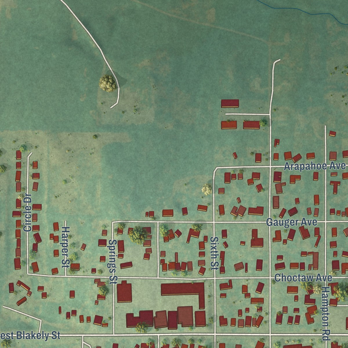 Second close-up of the map of Rush Springs, Oklahoma print showing more streets and buildings