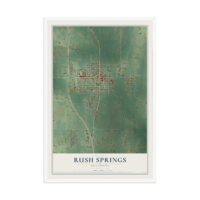 Map of Rush Springs, Oklahoma, 12 x 18 inch print in a white wood frame