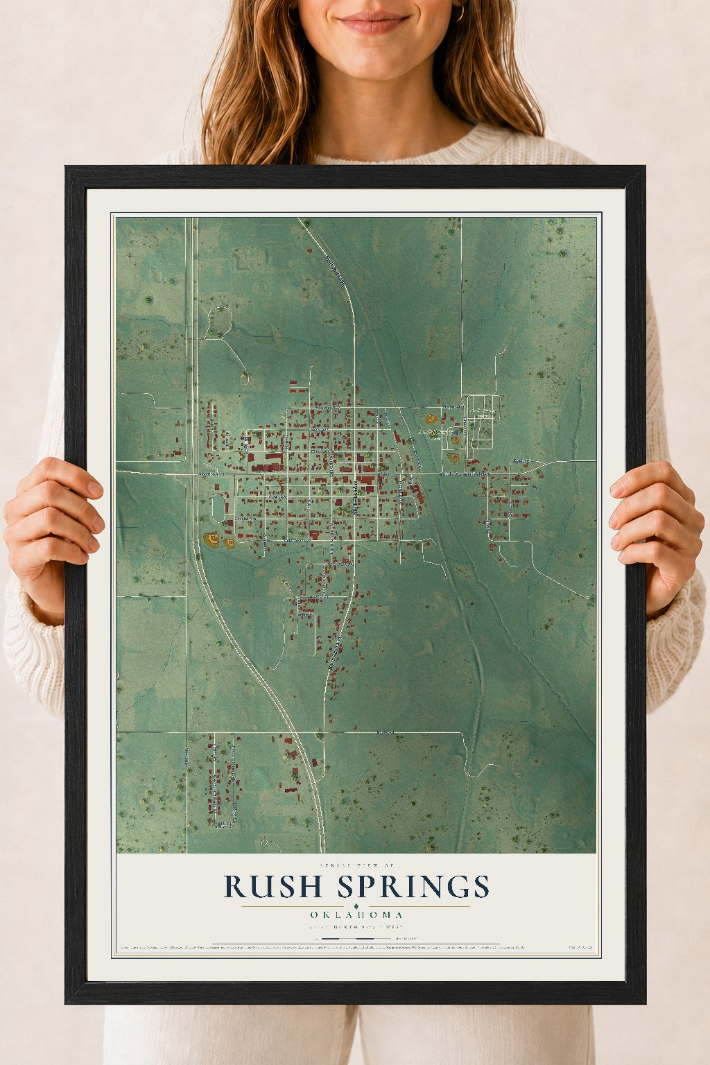 Map of Rush Springs, Oklahoma, 18 x 24 inch print in a black wood frame