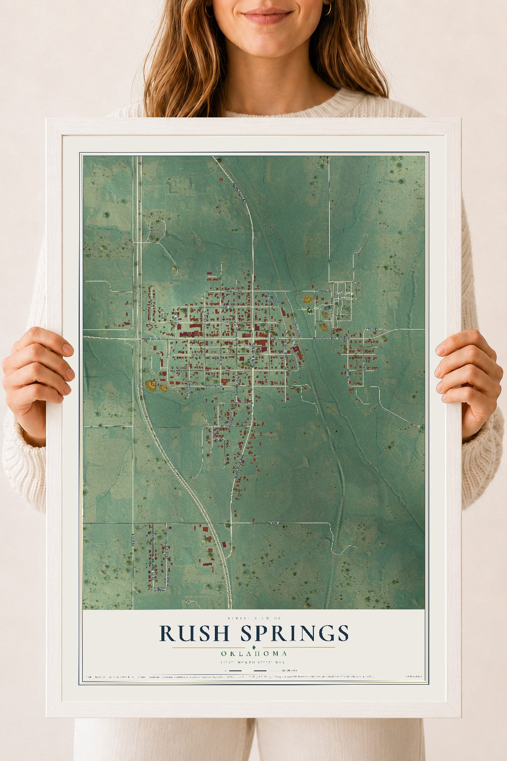 Map of Rush Springs, Oklahoma, 18 x 24 inch print in a white wood frame