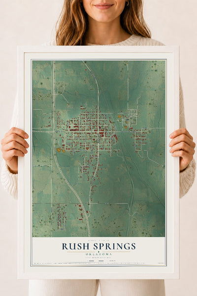 Map of Rush Springs, Oklahoma, 18 x 24 inch print in a white wood frame
