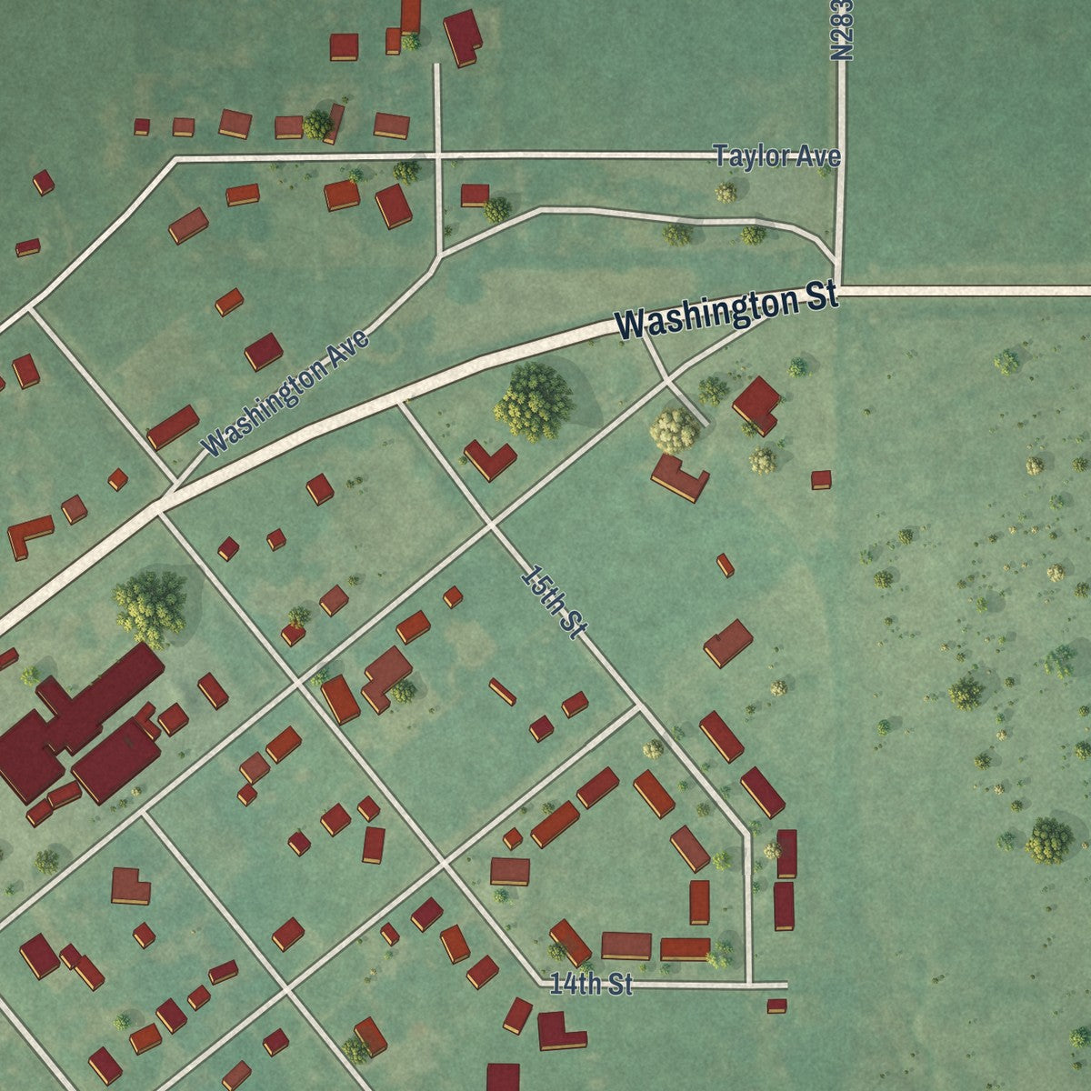 Second close-up of the map of Ryan, Oklahoma print showing more streets and buildings