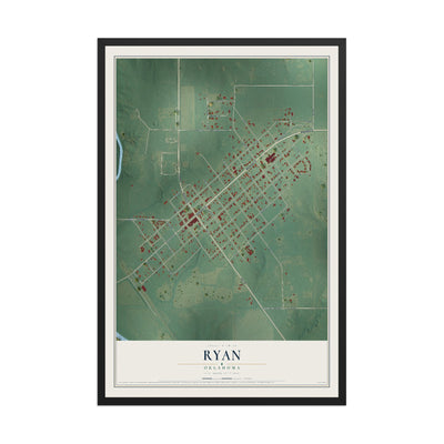 Map of Ryan, Oklahoma, 12 x 18 inch print in a black wood frame
