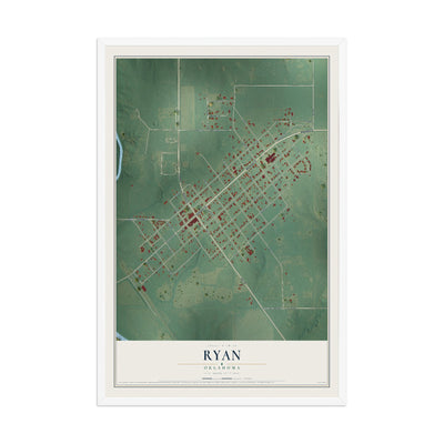 Map of Ryan, Oklahoma, 12 x 18 inch print in a white wood frame