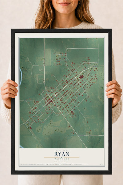 Map of Ryan, Oklahoma, 18 x 24 inch print in a black wood frame