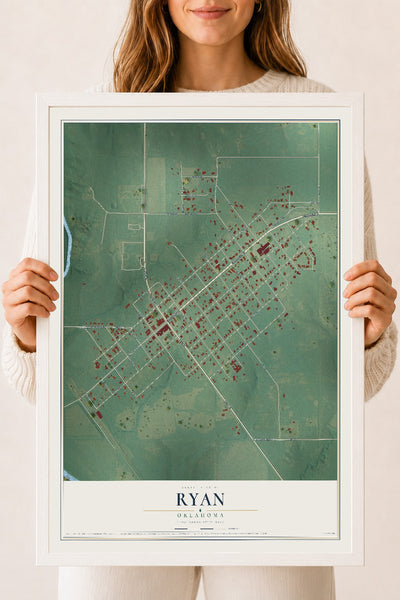 Map of Ryan, Oklahoma, 18 x 24 inch print in a white wood frame