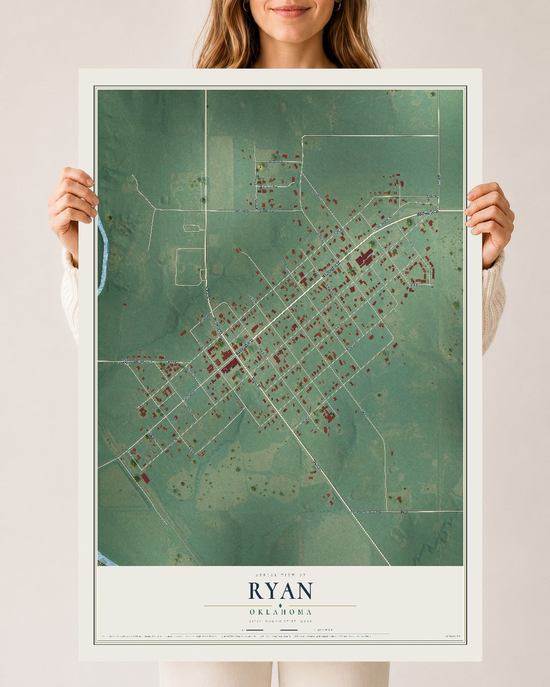 Map of Ryan, Oklahoma, 24 x 36 inch unframed archival matte print