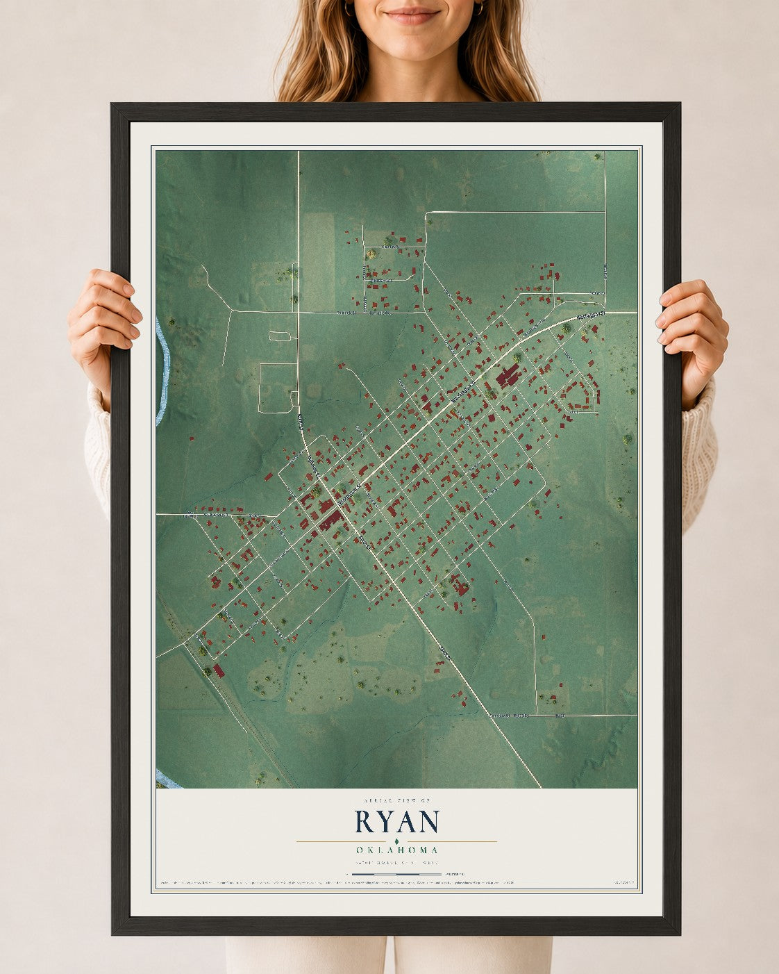 Map of Ryan, Oklahoma, 24 x 36 inch print in a black wood frame
