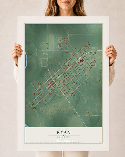 Map of Ryan, Oklahoma, 24 x 36 inch print in a white wood frame