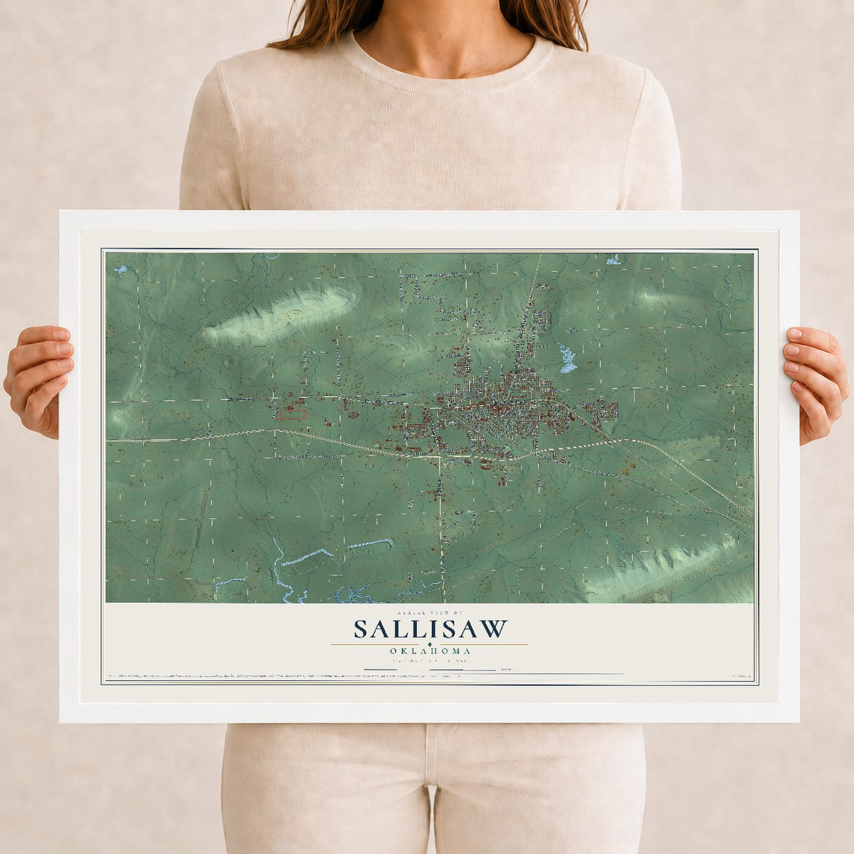 Map of Sallisaw, Oklahoma, 12 x 18 inch print in a white wood frame