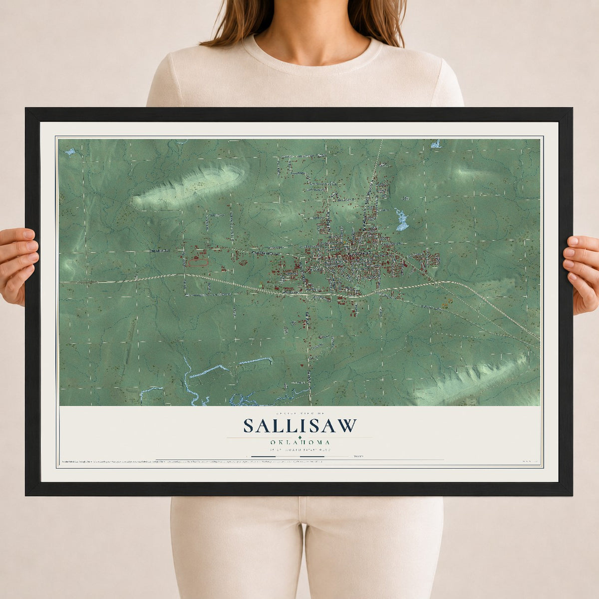 Map of Sallisaw, Oklahoma, 18 x 24 inch print in a black wood frame