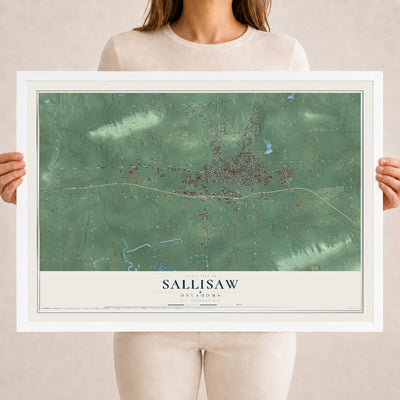 Map of Sallisaw, Oklahoma, 18 x 24 inch print in a white wood frame